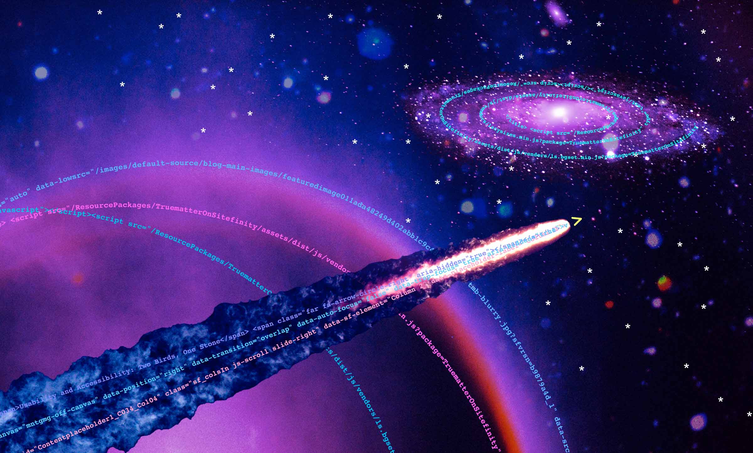 View of a planet in outer space with a rocket flying past it. There are lines of code around the planet and in the flames of the rocket, representing rings or fumes.