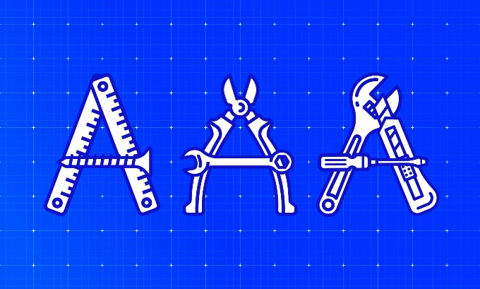 A graphic of three letter A's made out of varying tools, such as rulers, screwdrivers, and nails, on a blueprint background.