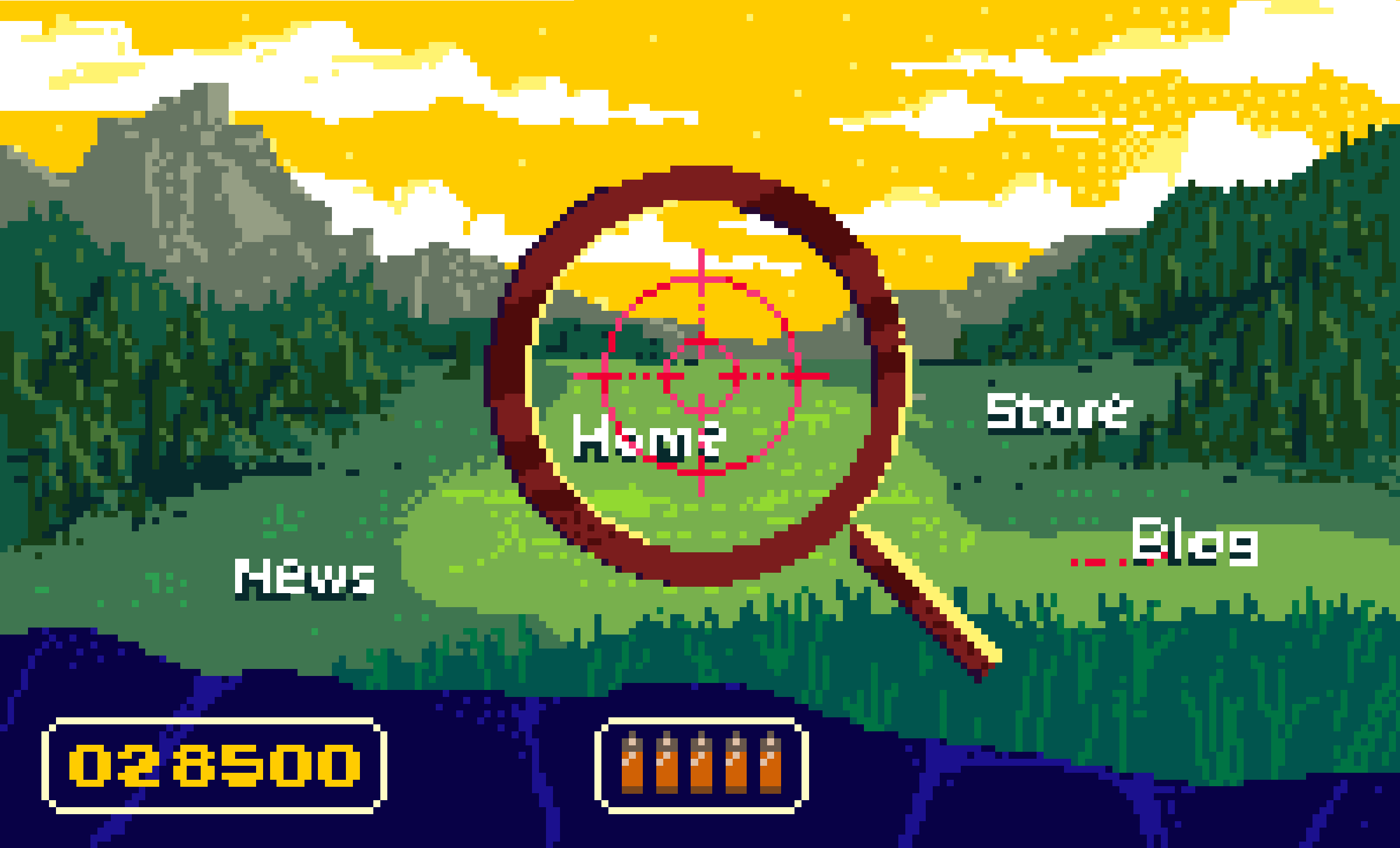 A graphic of a vintage hunting game with a web search icon around the target. There are four words in the mountain scenery that represent areas of main navigation on sites and apps.