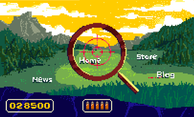 A graphic of a vintage hunting game with a web search icon around the target. There are four words in the mountain scenery that represent areas of main navigation on sites and apps.