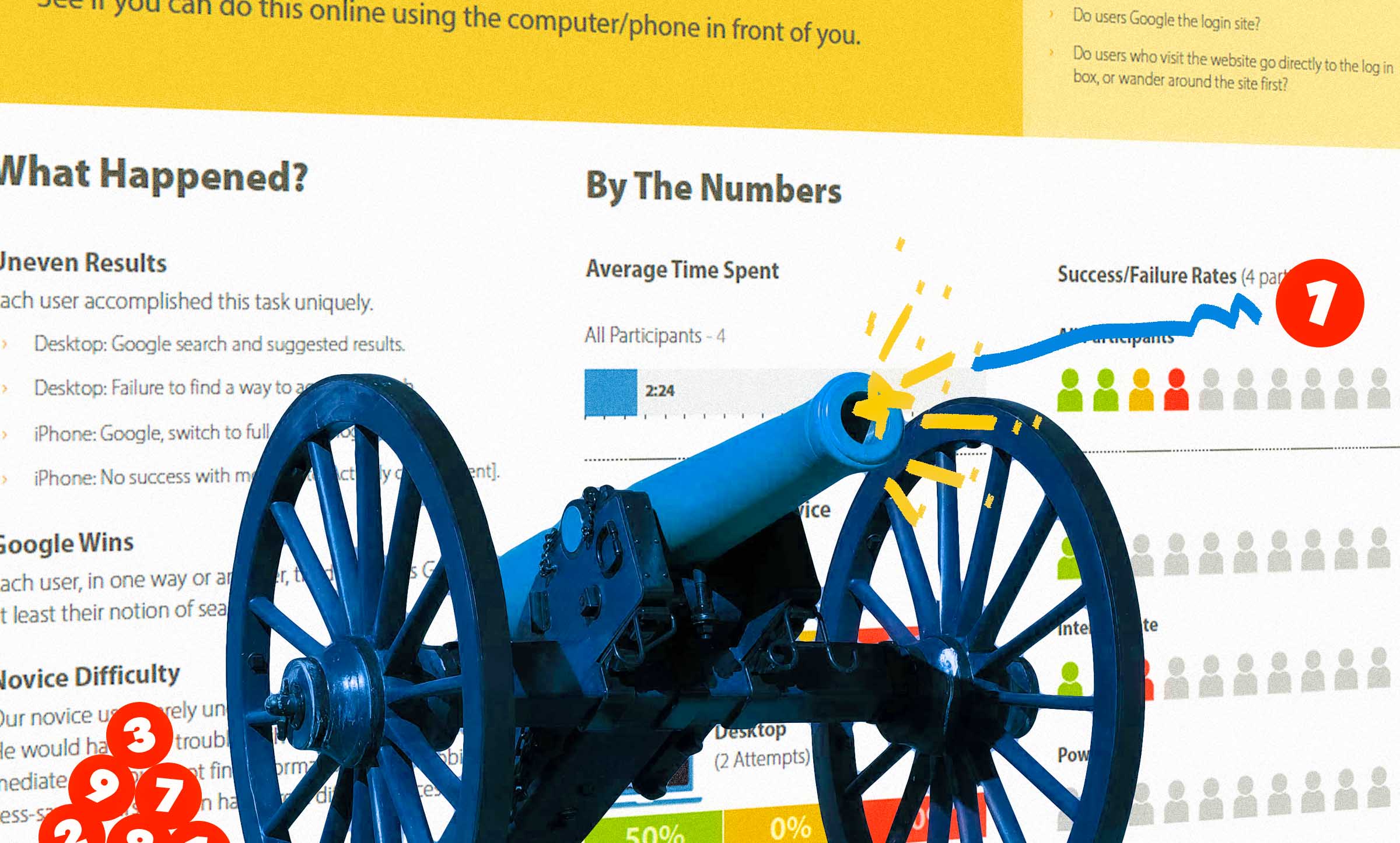 A cannon on wheels shooting a stack of red numbers, with a user feedback document in the background.