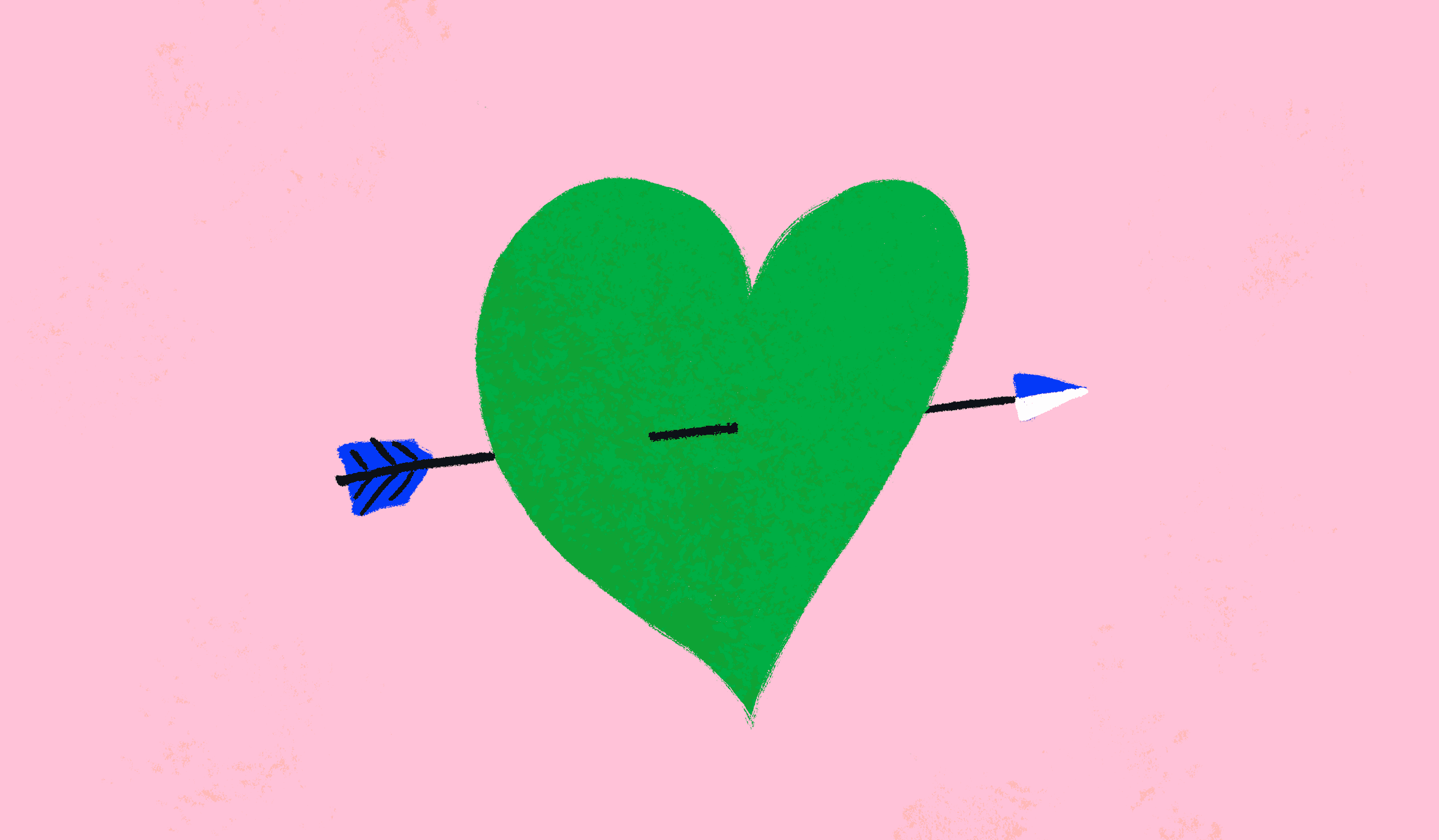 A pink background with a green heart with Cupid's arrow through it.