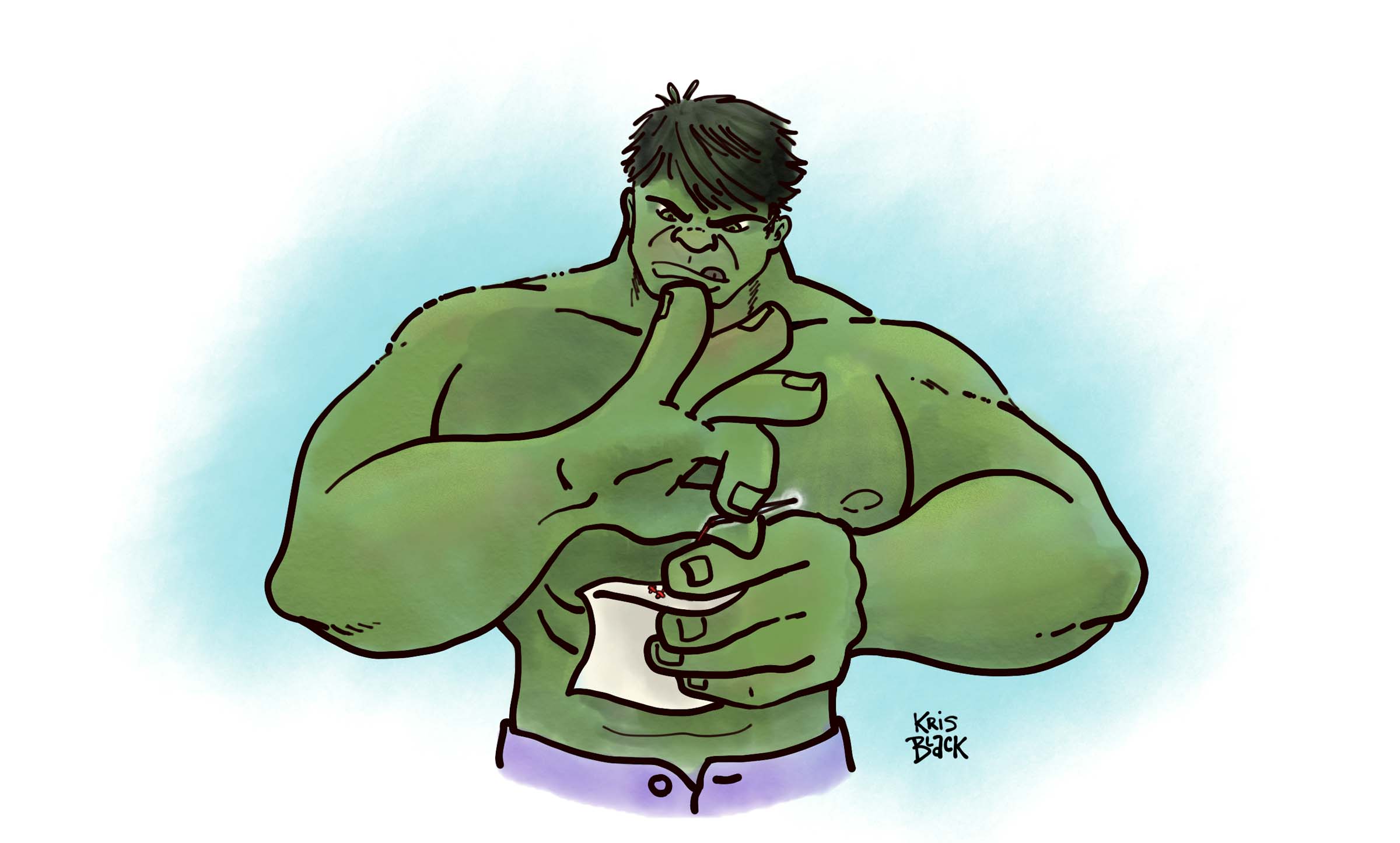 A graphic of the incredible hulk using his very large hands to needlepoint a very small piece of cloth.