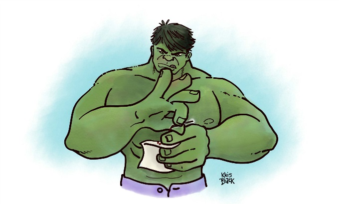 A graphic of the incredible hulk using his very large hands to needlepoint a very small piece of cloth.
