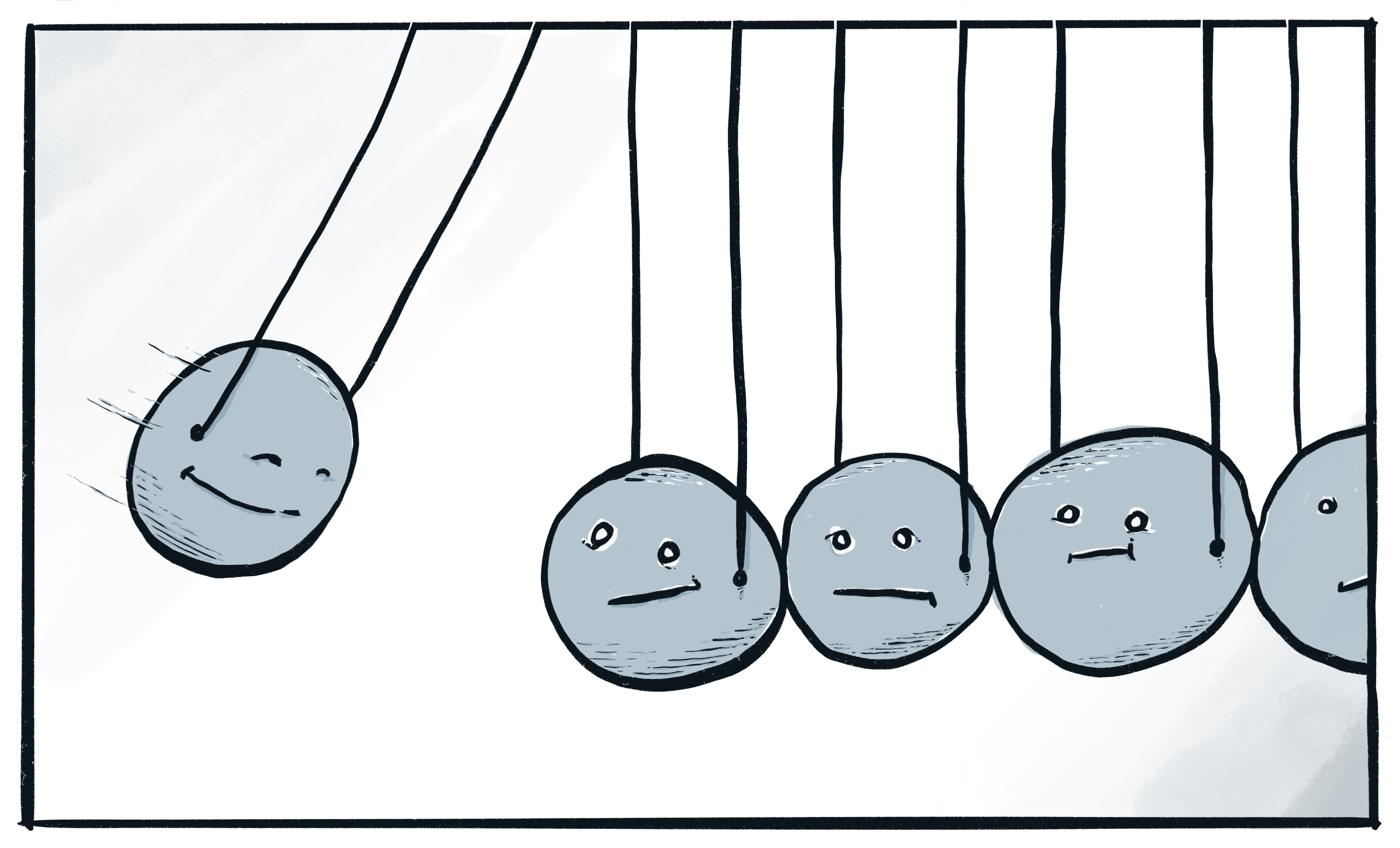 A graphic of Newton's Cradle. Four balls are stationary with bland expressions. One ball swings toward them with a small smile.