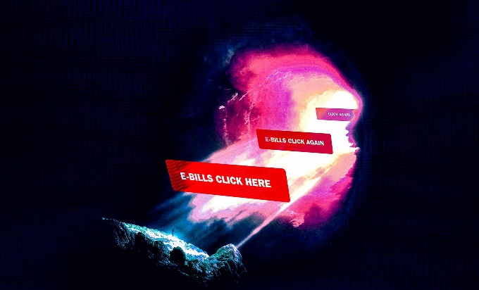 A portal that emits light onto a person. In the light are red blocks that read, "E-bills click here."