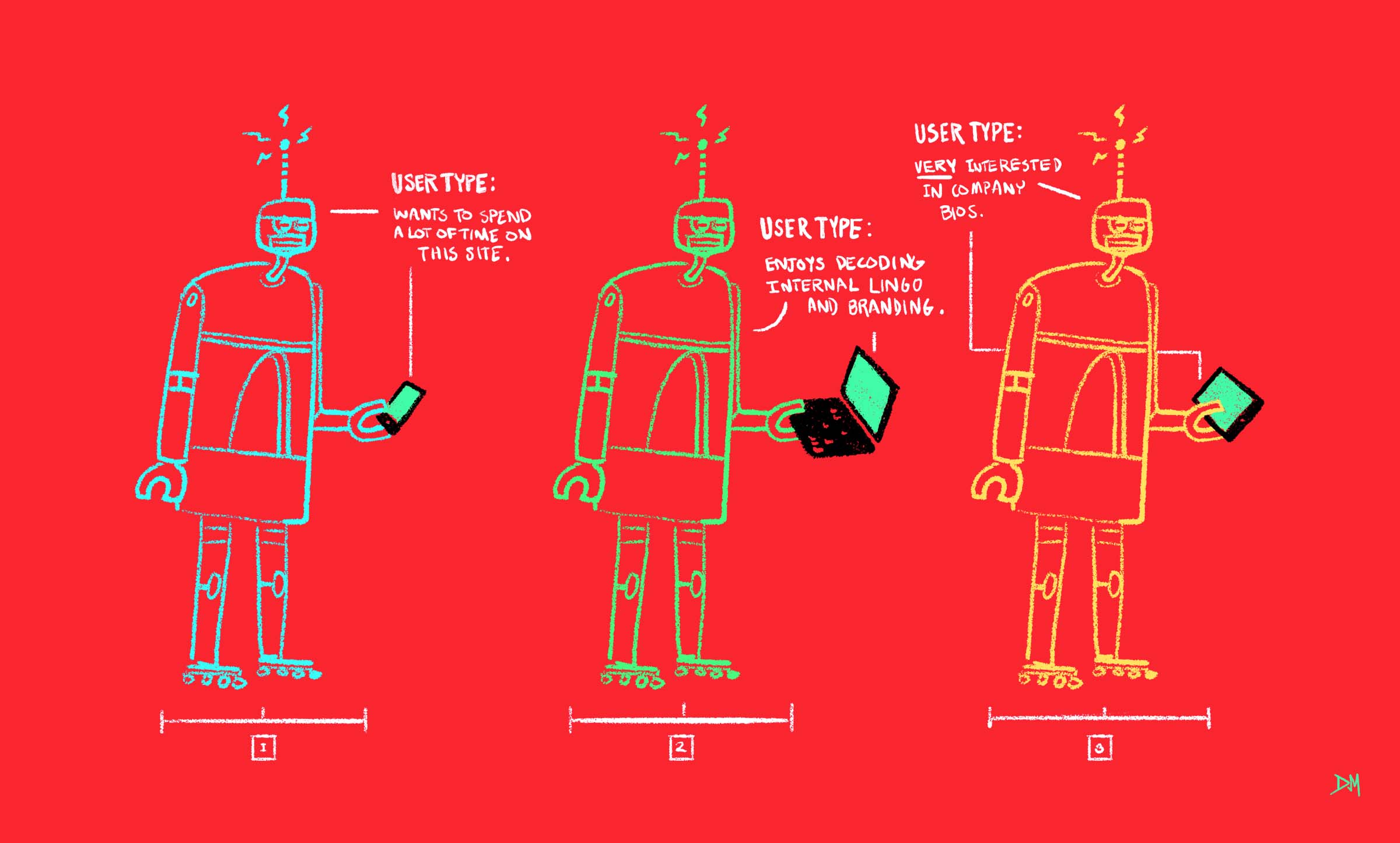 A red background with three different robots, each holding a different electronic device.