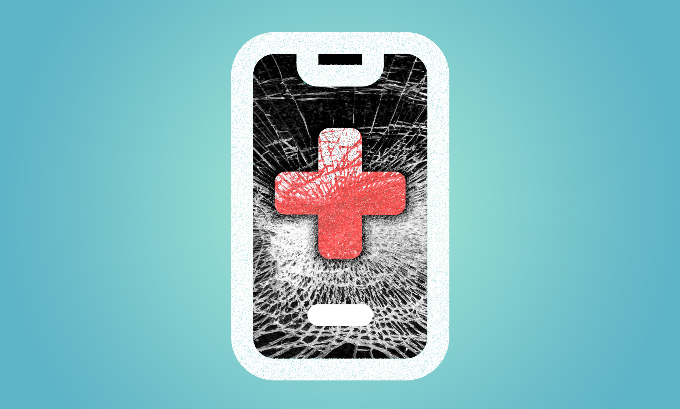 A graphic of a phone with a shattered screen on a light blue background. On the screen is a red medical cross.