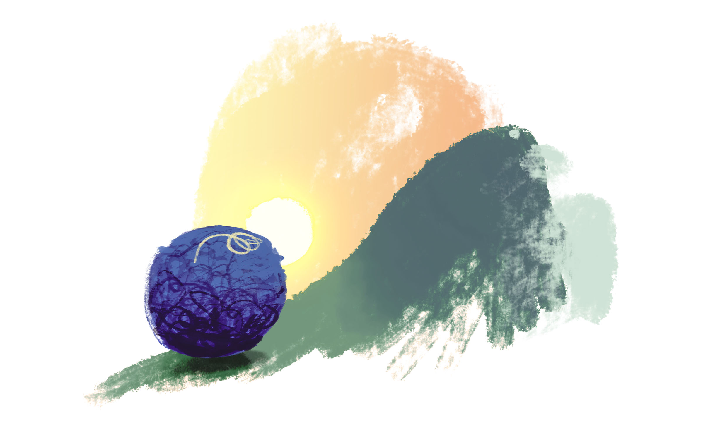 A boulder at the bottom of a hill, with the sun rising behind it.
