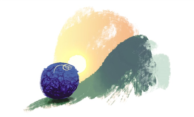 A boulder at the bottom of a hill, with the sun rising behind it.