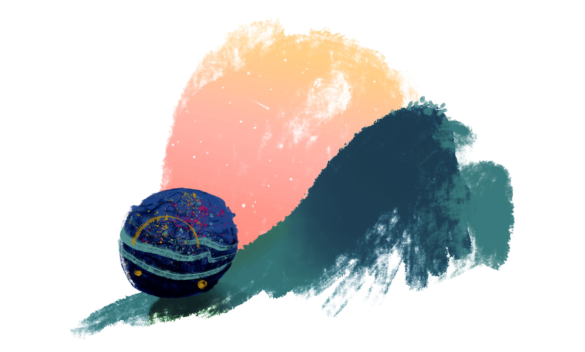 A boulder at the bottom of a hill, with the sun setting behind it.