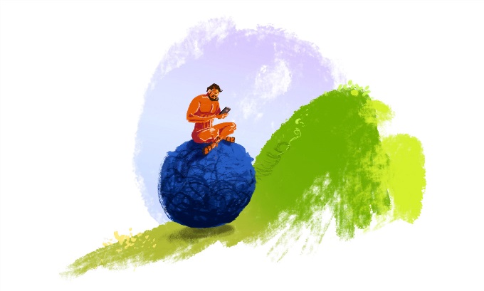 Sisyphus sitting on the bolder, looking at his phone.