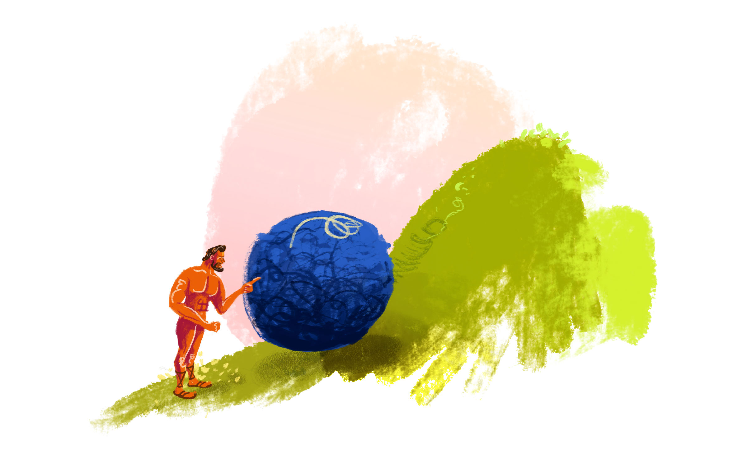 Graphic of Sisyphus lecturing ata boulder for always rolling back down a hill, a side effect of his eternal punishment.