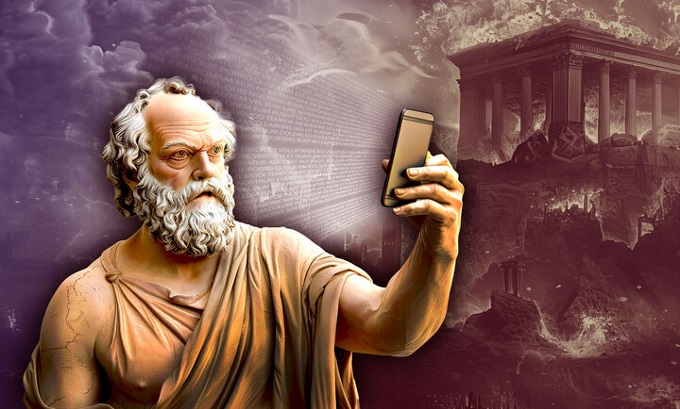 Socrates standing in front of the Parthenon burning using a smartphone.