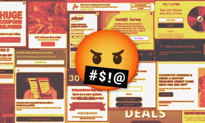Angry emoji reacts to pop-ups on websites.