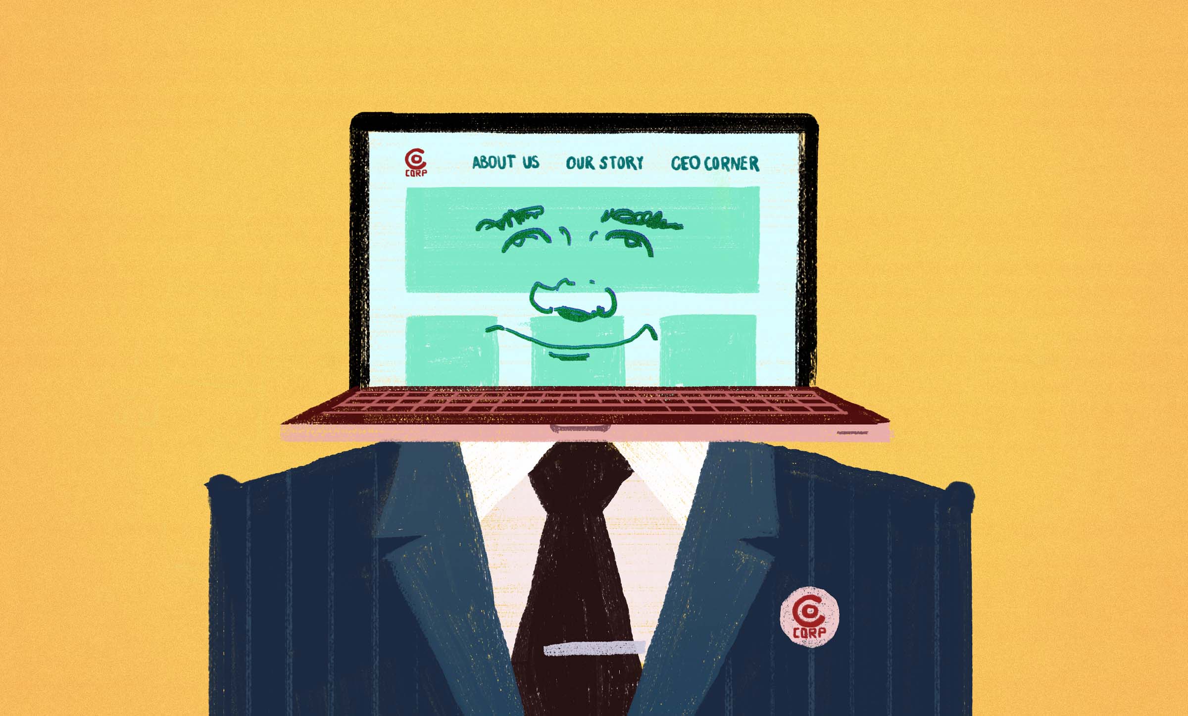 A graphic of a man with a computer as his head.
