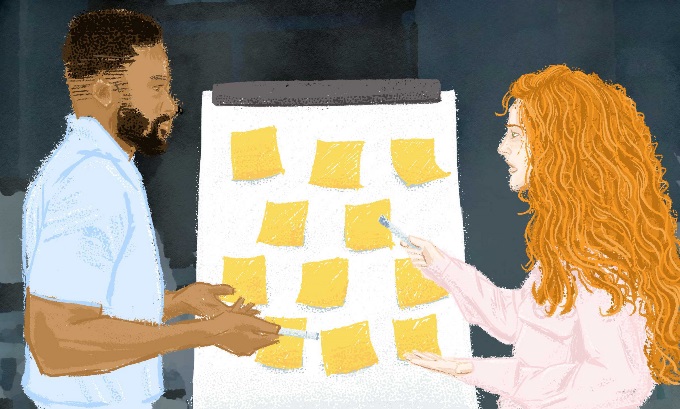 An illustration of a man and a woman doing a hands on activity with sticky notes.