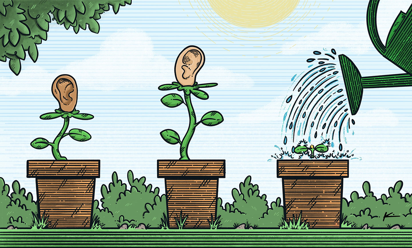 A row of potted plants growing ears on a sunny day. One plant is being watered.