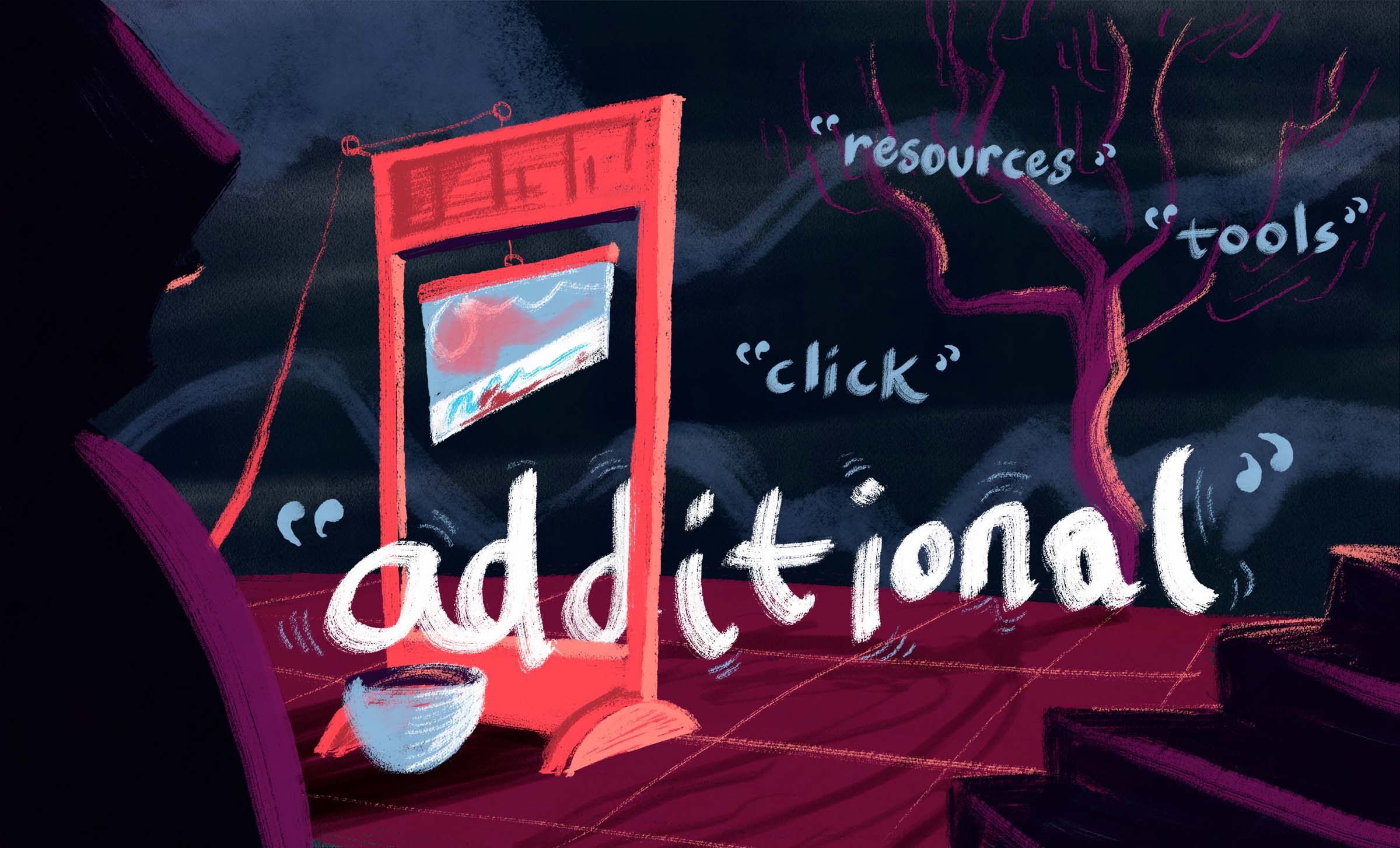 The word "additional" in a guillotine, as other words float around behind it.