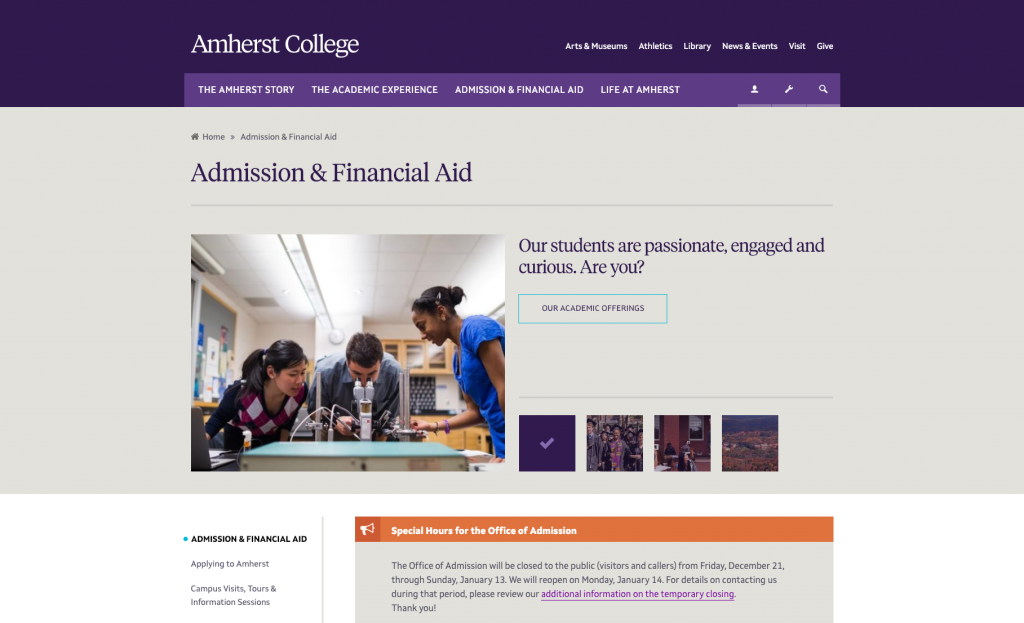 The Amherst College Admission and Financial Aid page. There is a picture of students in a science lab and a button to peruse their academic offerings. 
