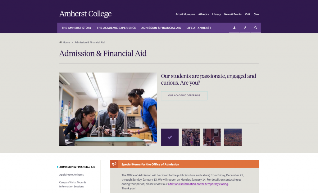 amherst-college-financial-aid-1024x623 The Amherst College Admission and Financial Aid page. There is a picture of students in a science lab and a button to peruse their academic offerings.