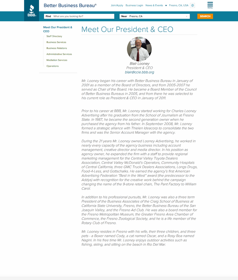 Screenshot of the BBB's Meet Our President & CEO page, which has 5 lengthy paragraphs of text.