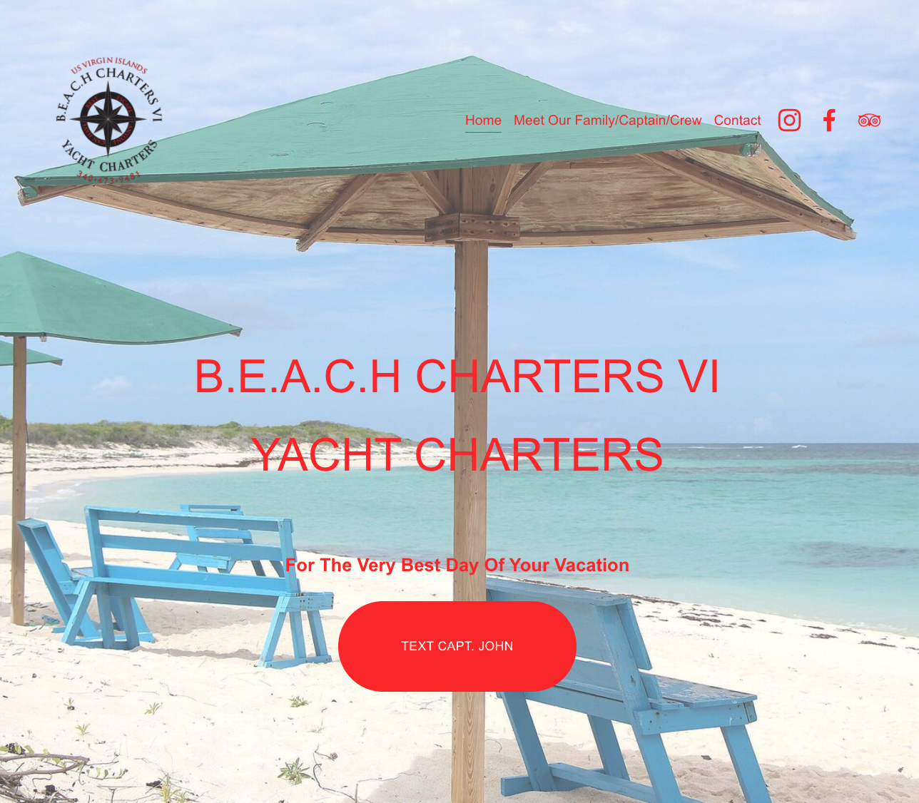 An image of the B.E.A.C.H Charters VI home page. The background is an image of a blue beach and umbrella. Red text is over the background. 