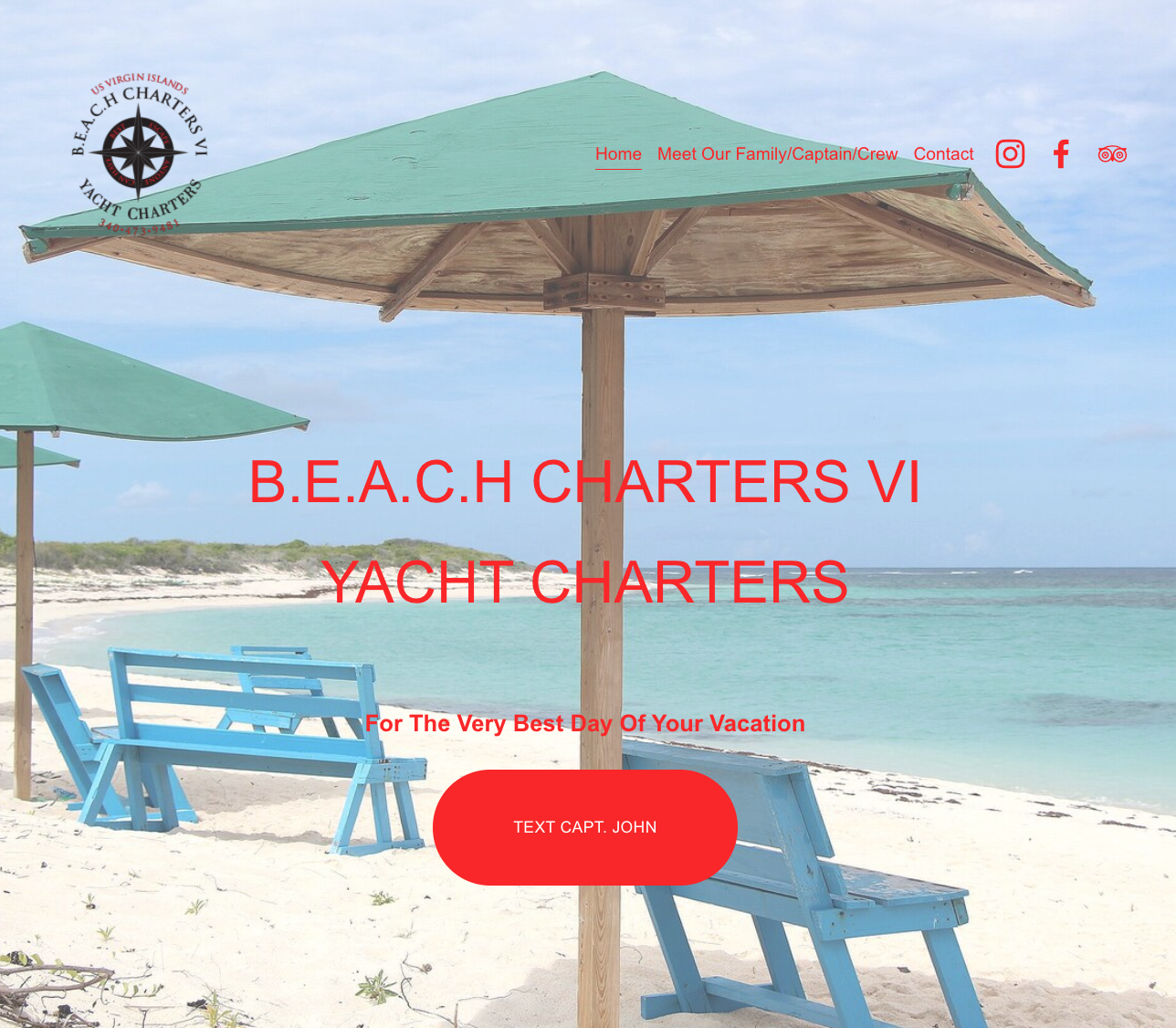 An image of the B.E.A.C.H Charters VI home page. The background is an image of a blue beach and umbrella. Red text is over the background.