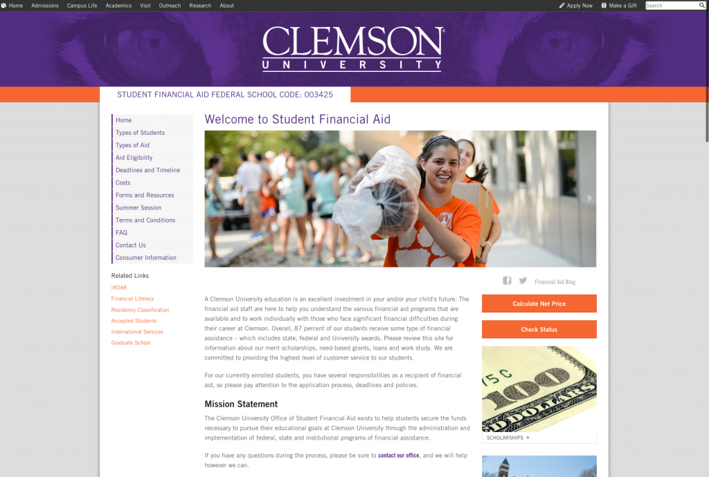 clemson-welcome-financial-aid-1024x690 The Clemson University Student Financial Aid page. There is a picture of a student carrying a rug. There is a large wall of text that is the financial office's mission statement.