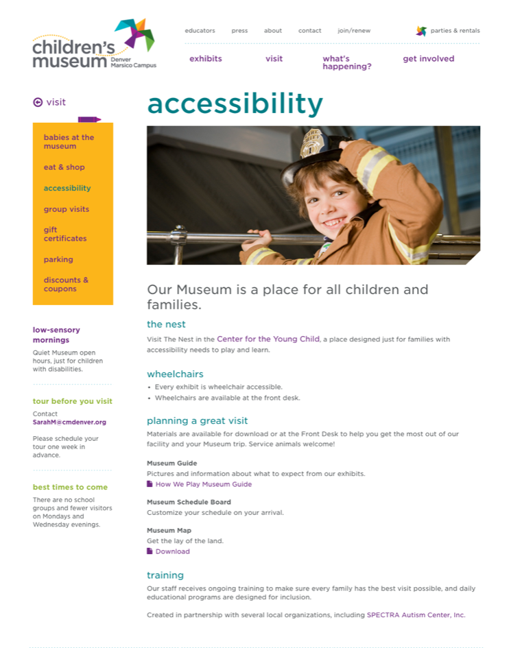 cmod Screenshot of the Children's Museum of Denver Accessibility page. There is a picture of a young boy dressed as a firefighter. There is minimal information, with each heading only having one or two sentences explaining information. It is easy to scan and find link.