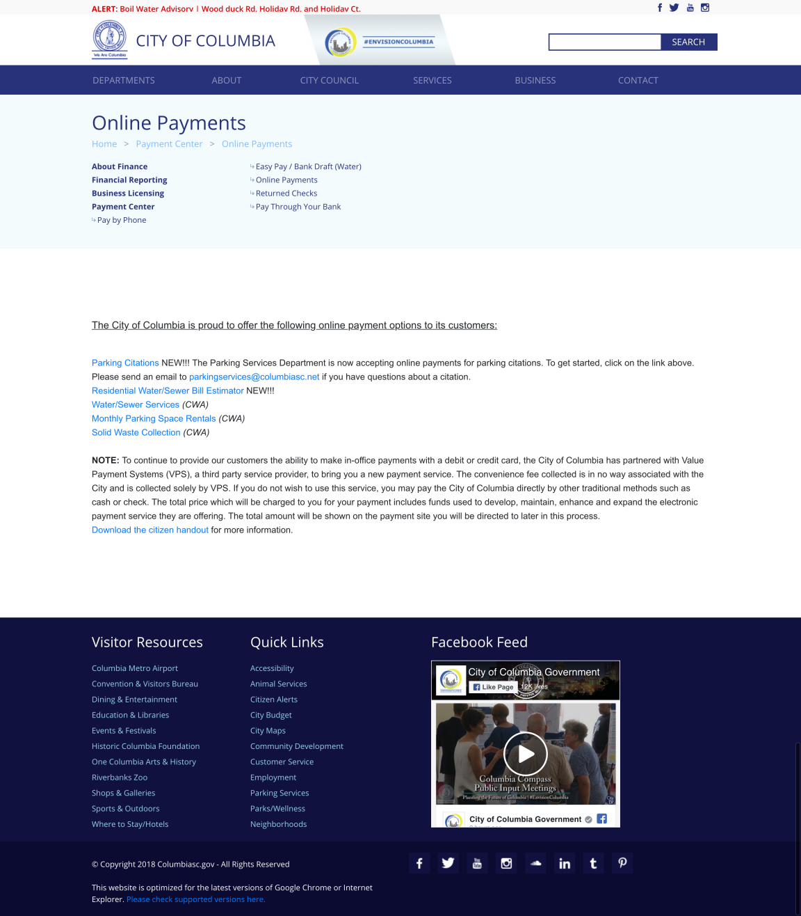 The 'Online Payments' page from the City of Columbia website. There are paragraphs and lots of in-line links, along with a video to watch their Facebook Feed. 