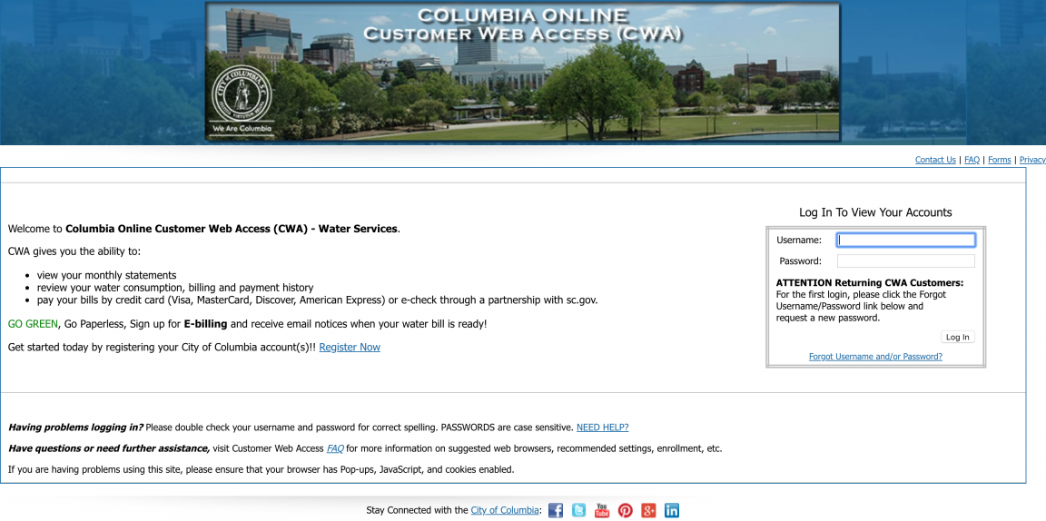 The 'water services' page off the City of Columbia website. There are more walls of texts with a small place to log in to the right. 