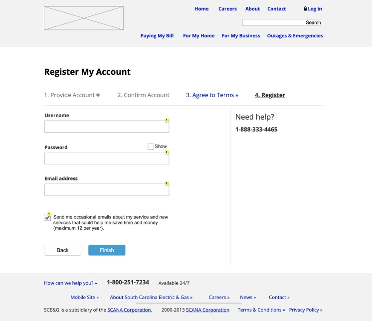 Wireframe for the SCE&G account registration page, with content blocks fleshed out for top nav, account registration steps, form fields, contact information, and footer.