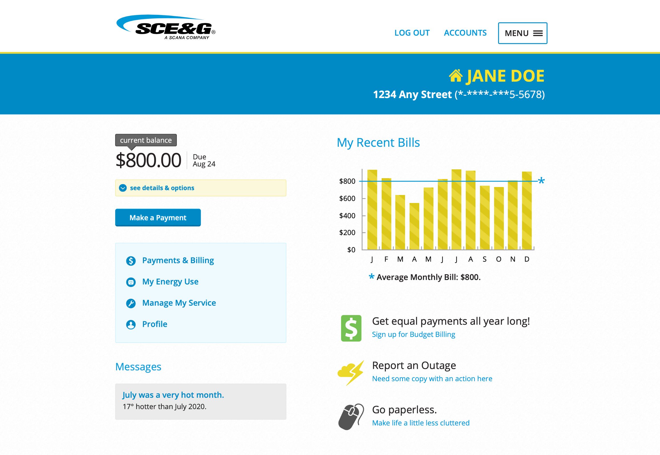SCE&G (Scana) landing page. Customer name and account information is prominently displayed at the top of the screen on a blue background. Below, the current balance, recent bills and averages, messages, and quick links.