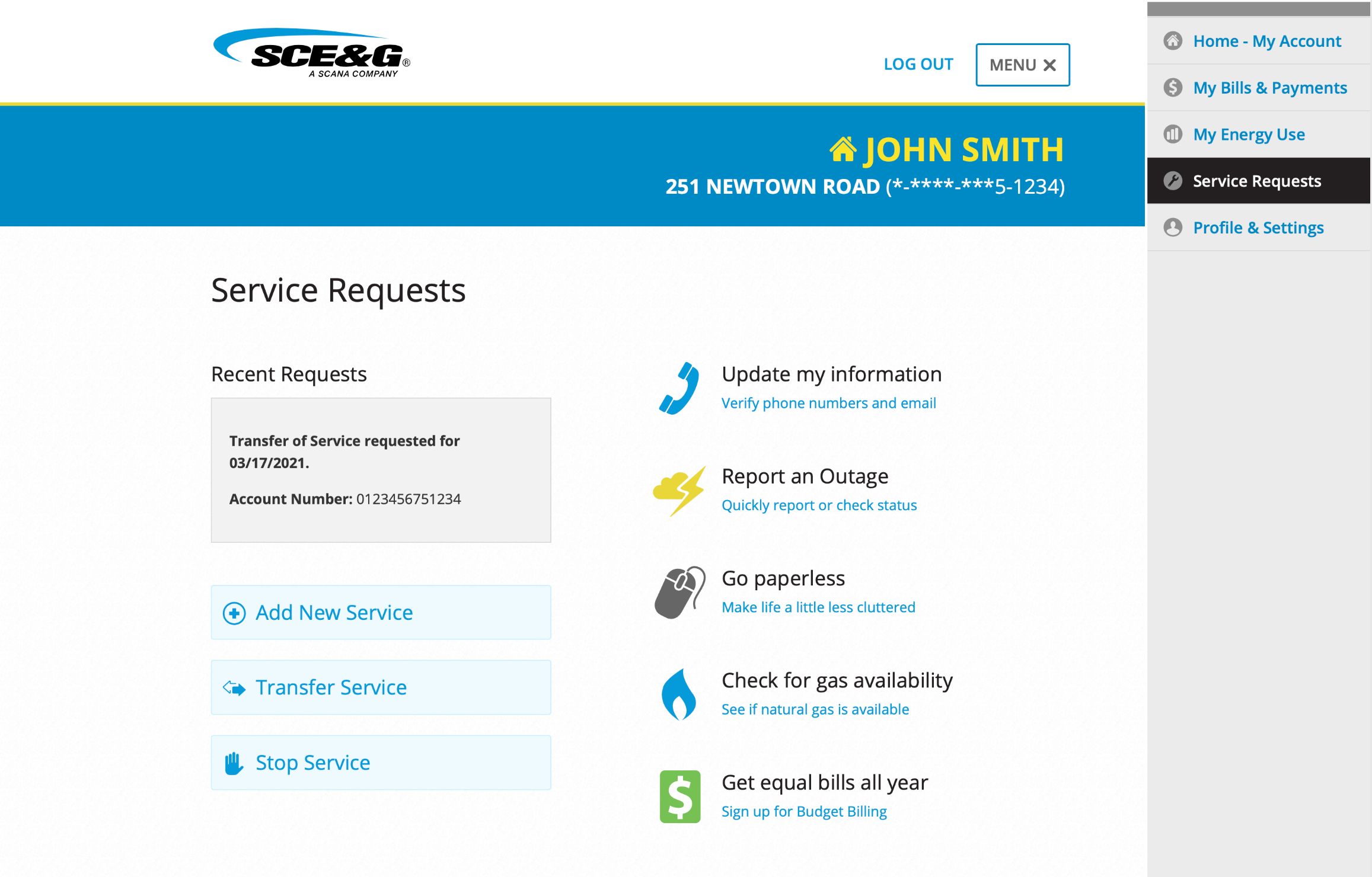 Service request page on SCE&G.com, showing a blue banner for account information above a grey block highlighting recent requests, and blue blocks highlighting other service management options. On the right are 5 quick links with icons, headings, and brief descriptions,