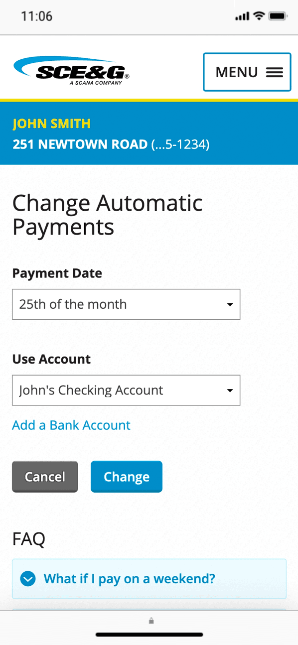 Mobile page for changing automatic payments. Two dropdowns provide options for setting the payment date and selecting which account to use, along with a text link to add account. At the bottom of the page, an FAQ section.