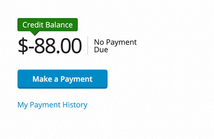 Current balance area showing $-88 with a green Credit Balance flag and no payment date. Below, a button to Make a Payment and a text link for My Payment History.