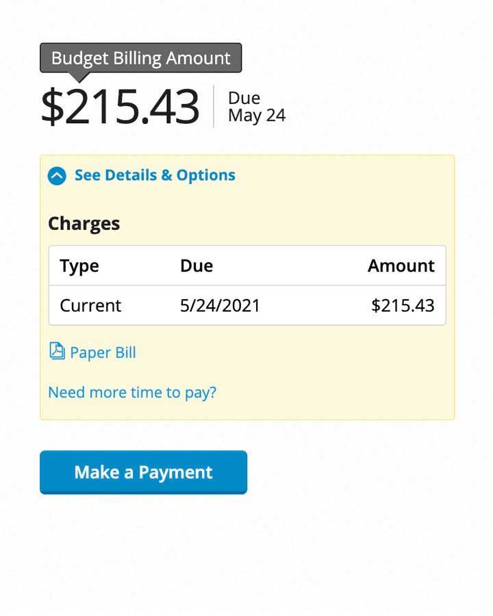 Current balance area showing $215.43 with a due date of May 24, and a grey flag showing Budget Billing Amount. Below, an expanded view of Details & Options showing Charges, link to the Paper Bill, and a button to Make a Payment.