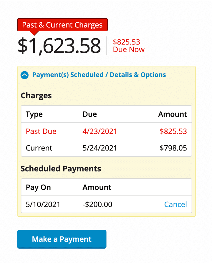 Current balance area showing $1,623.58 and $825.53 due now, with a red flag for Past & Current Charges. Below, an expanded view of Payments Scheduled / Details & Options with tables for Charges and Scheduled Payments, then a button to Make a Payment.