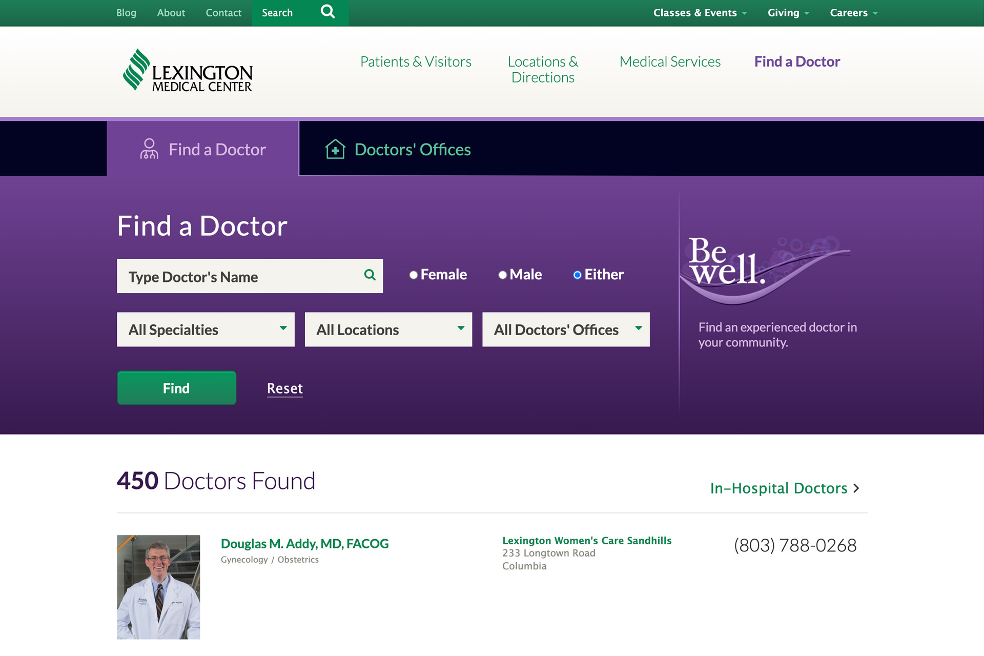 Lexmed.com Find a Doctor page, showing tab options for finding a doctor (active) or doctors' offices, and 5 simple search options. Below, the top of the search results show a doctor photo, name, address, and number.