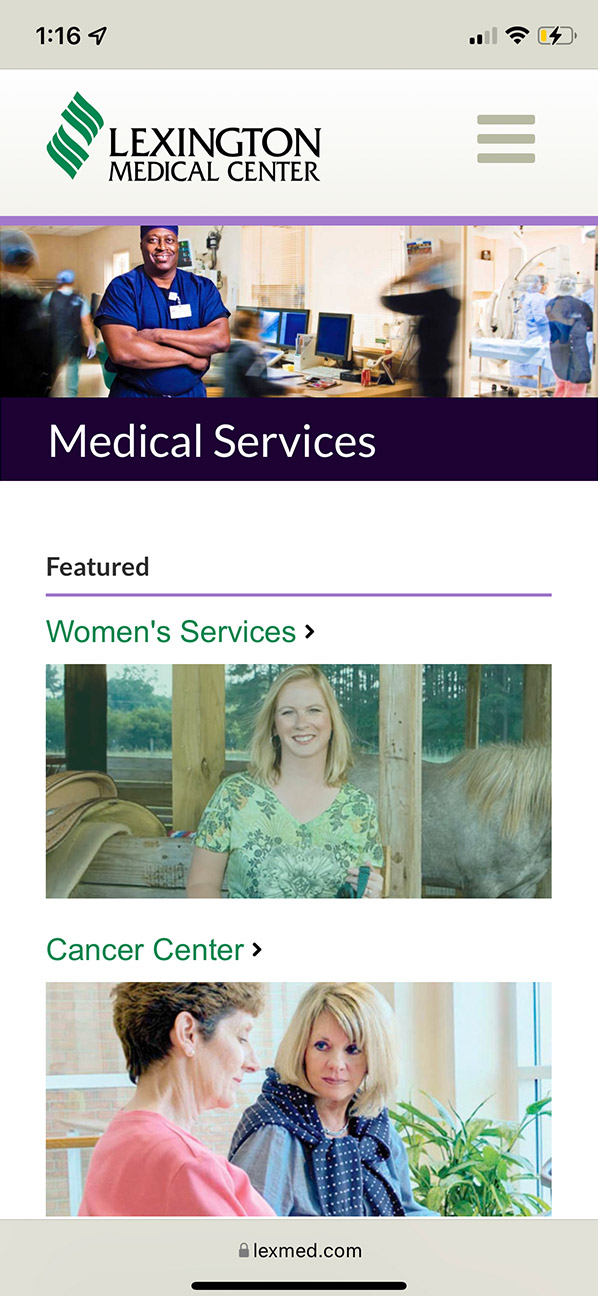 Mobile Medical Services landing page on lexmed.com. The hero image features a smiling doctor with his arms crossed above a featured services section, highlighting Women's Services and Cancer Center with photos that center real patients.