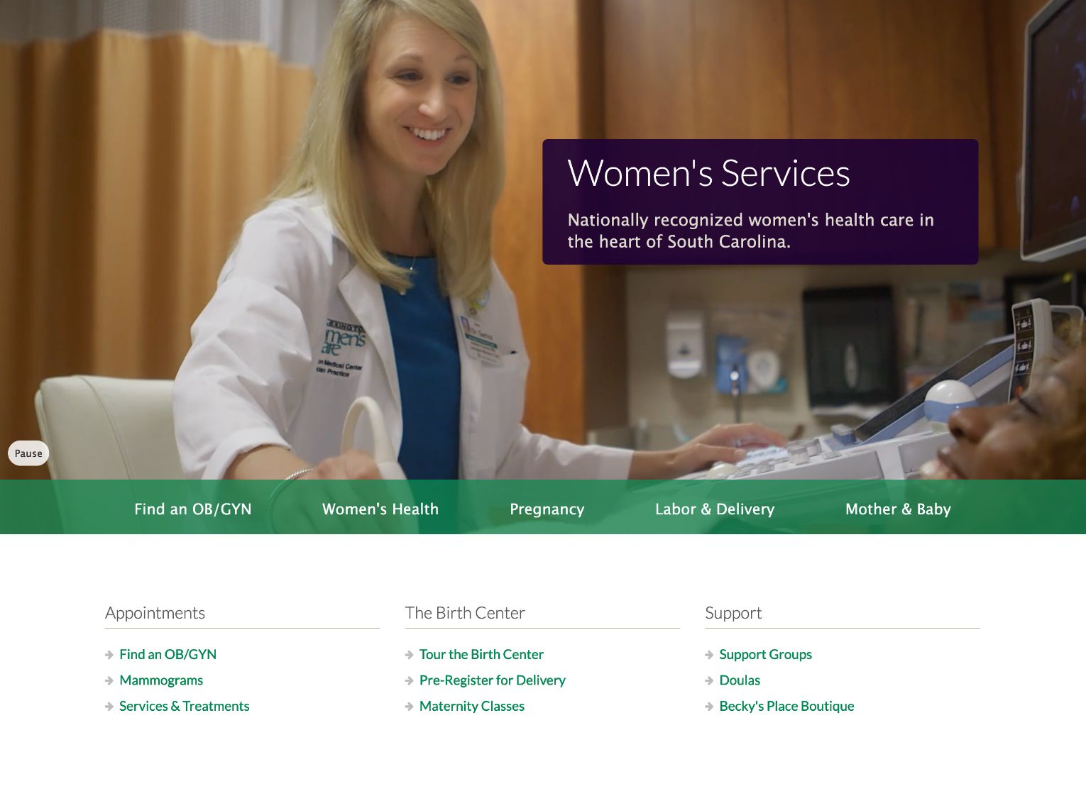 Women's Services landing page on lexmed.com, showing a hero video of a doctor performing a sonogram and strong horizontal navigation above quick links for Appointments, The Birth Center, and Support.