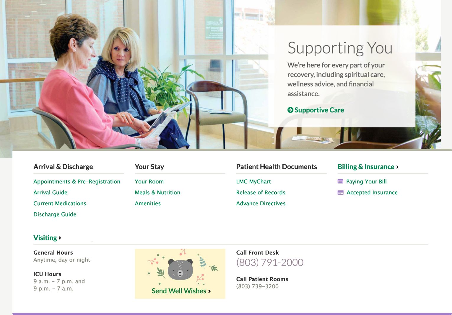 Two excerpts from lexmed.com. The first shows a full-width banner for Supportive Care, showing a patient getting help from a  nurse navigator. The second shows the Patients & Visitors section menu with a cute illustrated bear for sending well wishes.