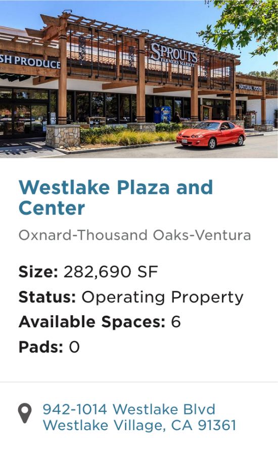 Property card with at-a-glance details for Westlake Plaza and Center.