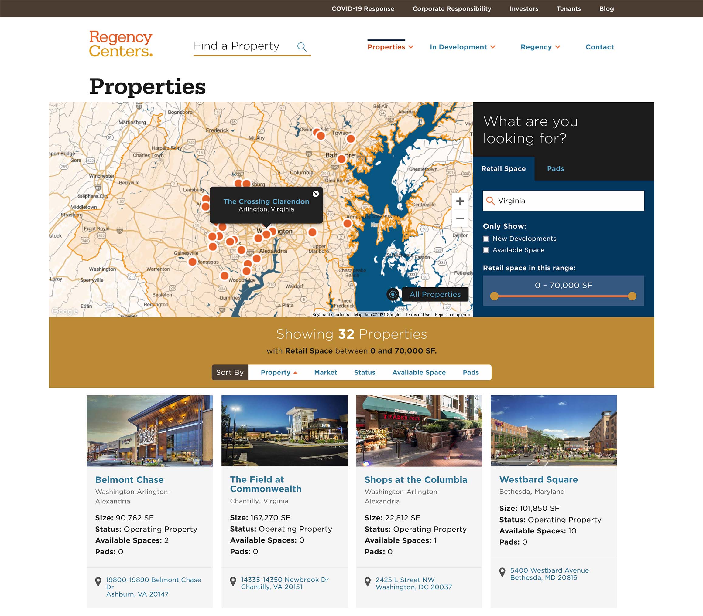 Property search page on the Regency Centers site showing an interactive map with filters for location, availability, and size.