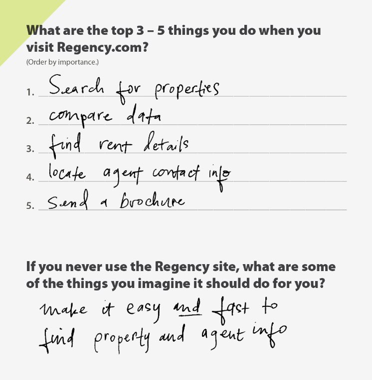 Handwritten user survey showing top 5 tasks when visiting the website: search, compare data, find rent details, locate agent, send brochure.