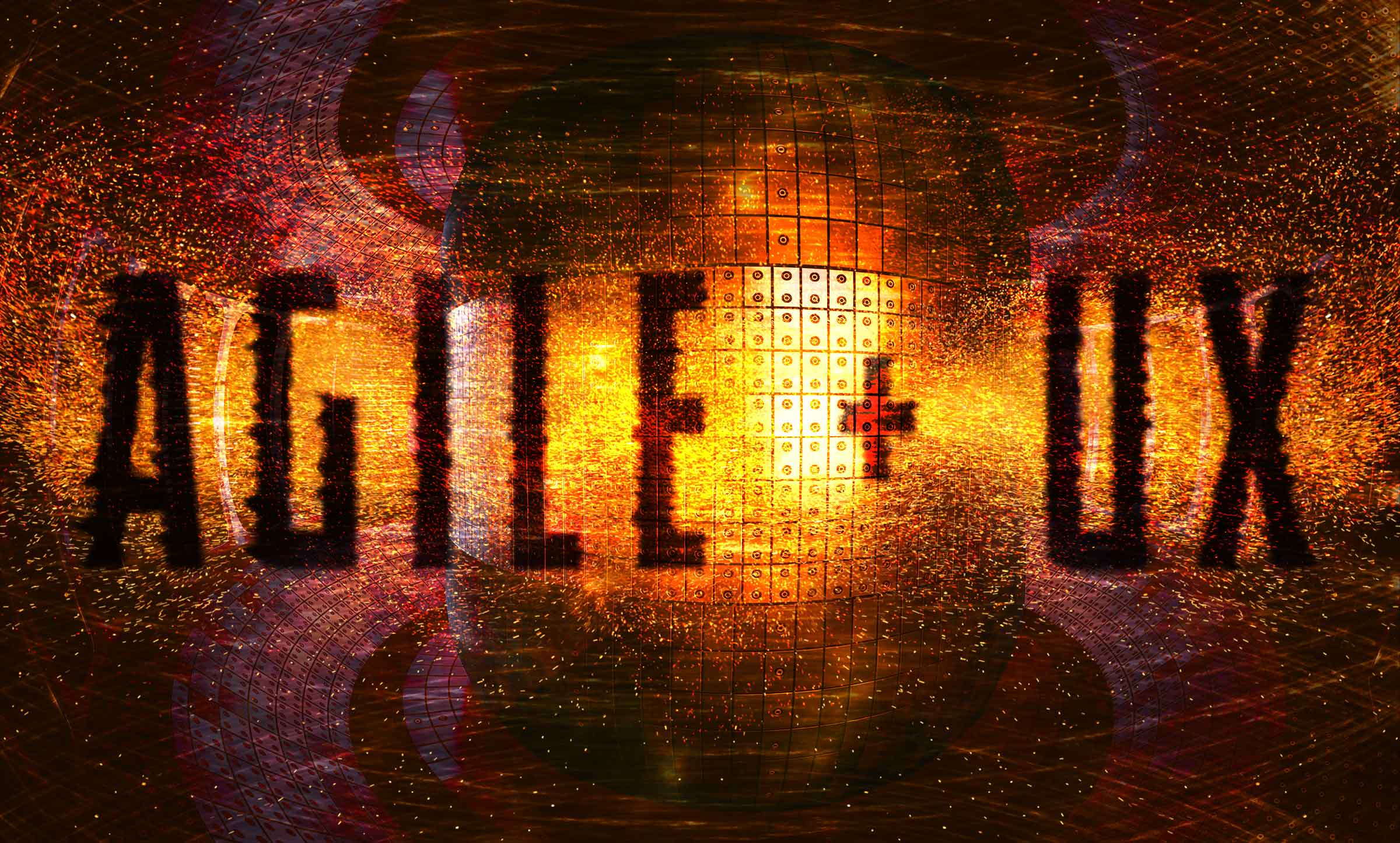 An image of a nuclear reactor with the overlaid text "AGILE UX.” There are yellow and red sparks of energy flying out of the reactor.