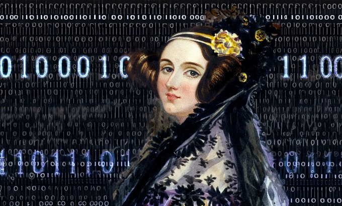 A portrait of Ada Lovelace with blue binary code alternating in size in the background.