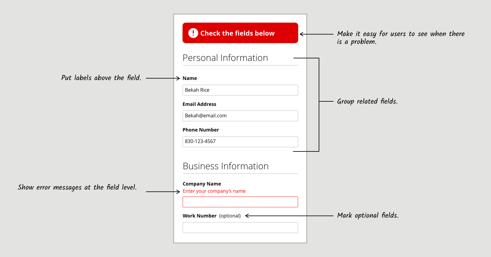 Example of a well-built form, with clear global error messaging appearing at the top of the page, headings to group sections of related form fields, labels positioned above the fields, with field errors in red below labels, and optional fields marked.