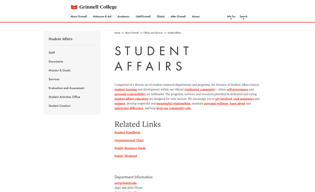 grinnell-college-student-affairs-1024x623 The Grinnell College Student Affairs page. There is a small paragraph with multiple red links, with more related links below the paragraph.
